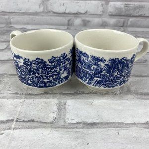 Churchill England Set of 2 Cups Mugs Mill Dam Blue White Currier & Ives